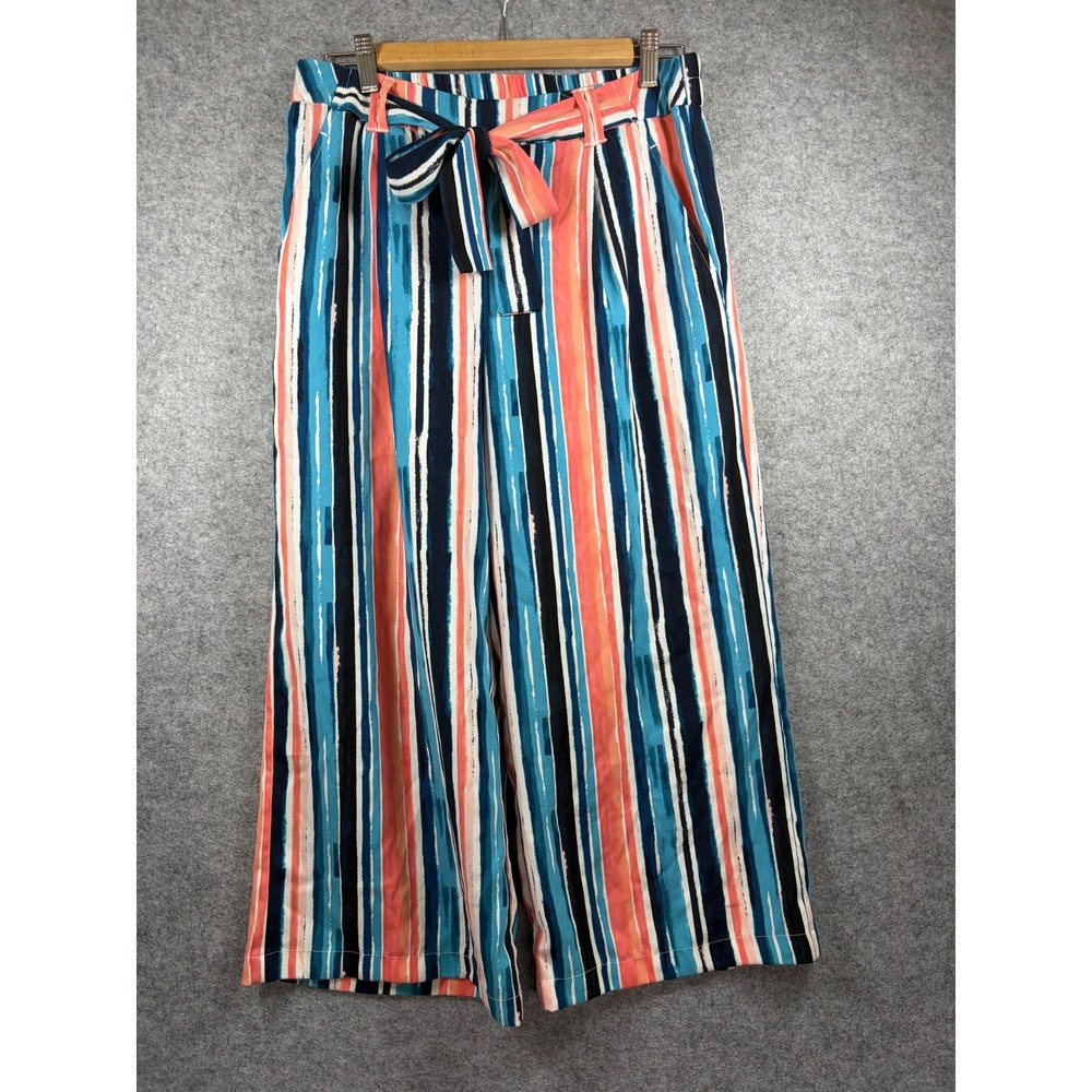 Unbranded‎ Blue Coral Striped Wide Leg Culotte Pants with Tie Waist Size M